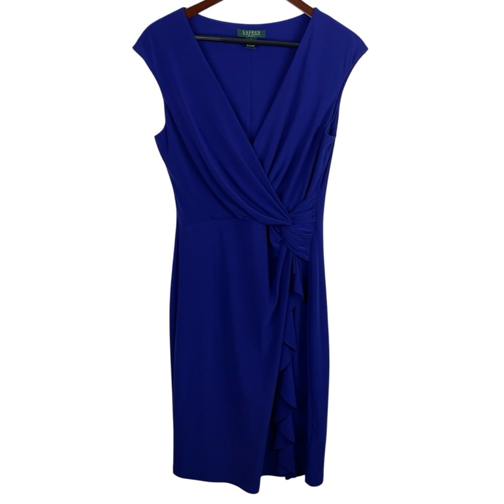 Lauren Ralph Lauren | Royal Blue Side Ruched Ruffle Cap Sleeve Dress